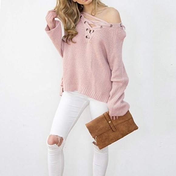 Last 1 Pink lace up high low sweater - Picture 3 of 7